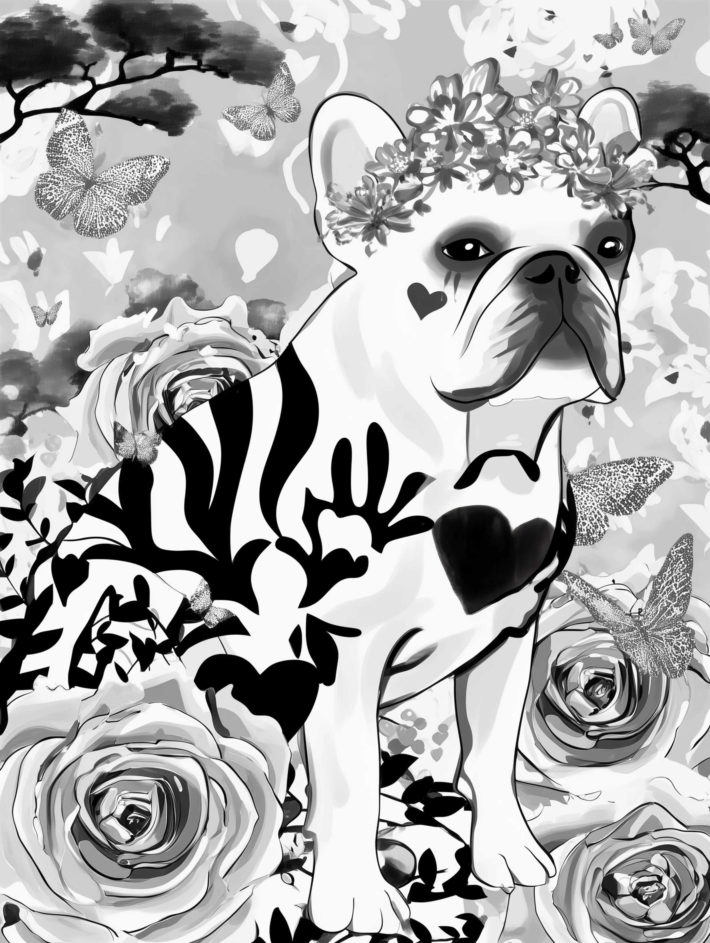 Free printable french bulldog coloring page featuring a heart face white french bulldog
